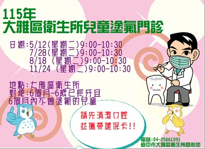 115 衛生所塗氟門診時間表